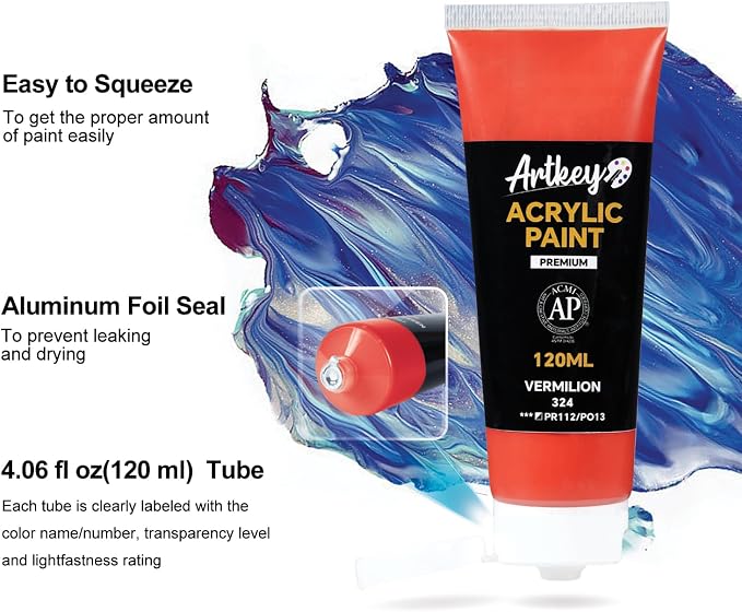 Artkey Acrylic Paint - Vermilion (120 ml/4.06 oz) Tubes, Rich & Vibrant Pigments, Professional Artists Acrylic Paints - Art Supplies for Canvas Wood Rock Clay Fabric Ceramics Art Crafts Painting