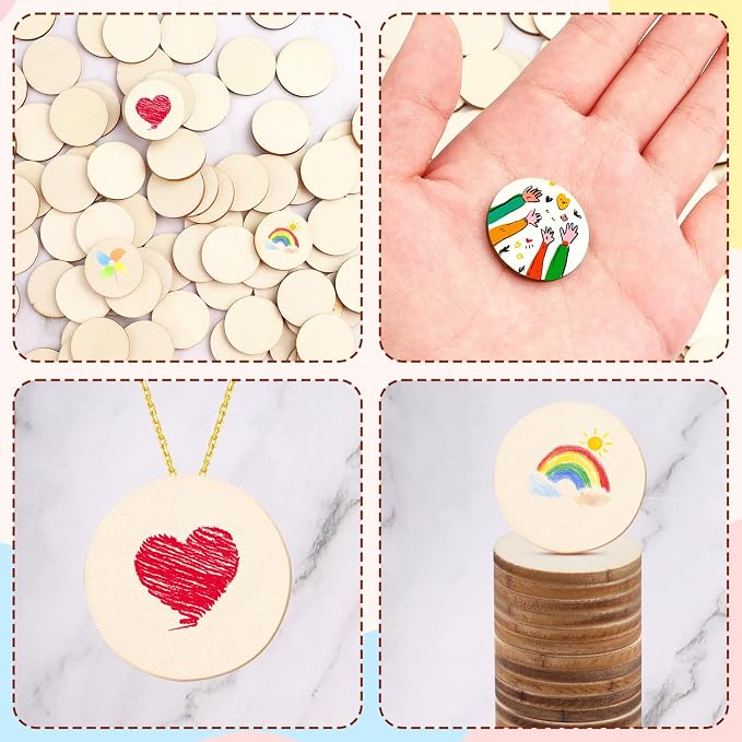 100 Pack Unfinished Wood Circles - 1 Inch Natural Round Wood Slices, Small Wooden Crafts Cutouts Circle Ornaments, Blank Wooden Kit for Painting, Writing, DIY Supplies, Engraving & Carving