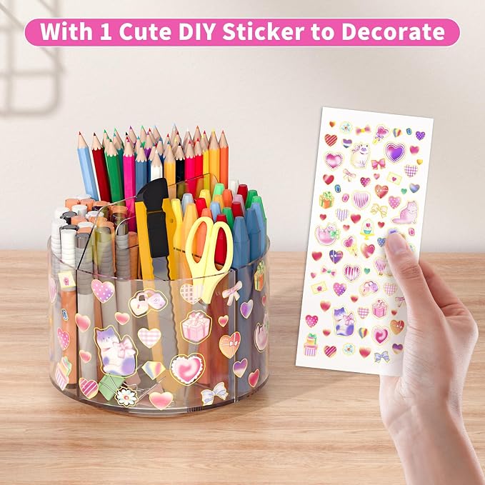 Acrylic Pencil Organizer for Desk Crayon Organizer with Adhesive Sticker | Rotating Art Supply Organizer with Kawaii Sticker, Spinning Marker Holder Organizer for Kids Small Lazy Susan with 4 Dividers