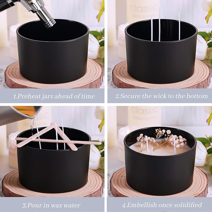 CONNOO 6 Pack 24oz Matte Black Glass Candle Jars with Airtight Bamboo Lids