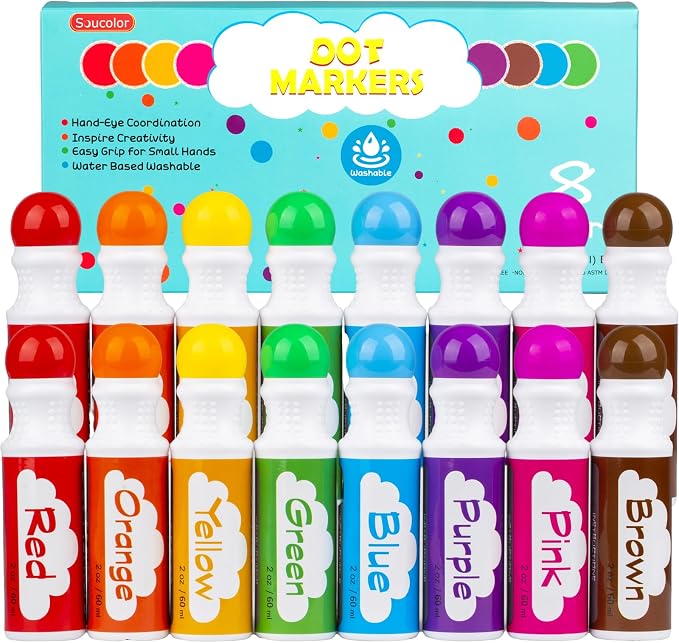 Soucolor 16-Pack Washable Dot Markers for Kids & Toddlers,8 Vibrant Colors