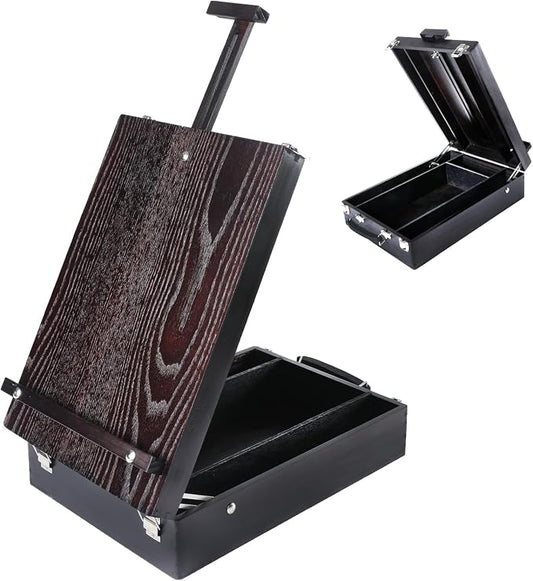 Artkey Tabletop Box Easel, Pine Wood Portable Artist Easel with Storage Case (4 Compartments), Adjustable 0-90° Angle, Carry Handle, for Canvas up to 22.6"