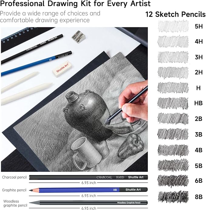 Shuttle Art Sketching and Drawing Pencils Set, 37-Piece Professional Sketch Pencils Set in Zipper Carry Case, Drawing Kit Art Supplies with Graphite Charcoal Sticks Tool Sketch book for Adults Kids