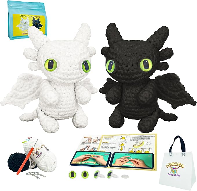 LuNuaFvy Crochet Kit for Beginners, Adults & Kids - Complete Animal Starter Kit to Make 2 Cute Dragons, Easy-to-Follow Book & Video Tutorial, Soft Yarn, Gift & Storage Bags