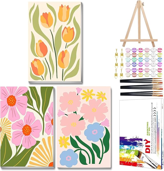 Mandun 3 Pack Paint by Numbers Kit for Adults with Frame, Easy Flower Paint by Numbers, Adult Gift Craft Kits 7.8x11.8 Inch with Frame and Easel