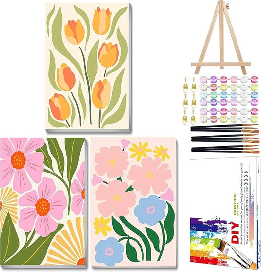 Mandun 3 Pack Paint by Numbers Kit for Adults with Frame, Easy Flower Paint by Numbers, Adult Gift Craft Kits 7.8x11.8 Inch with Frame and Easel