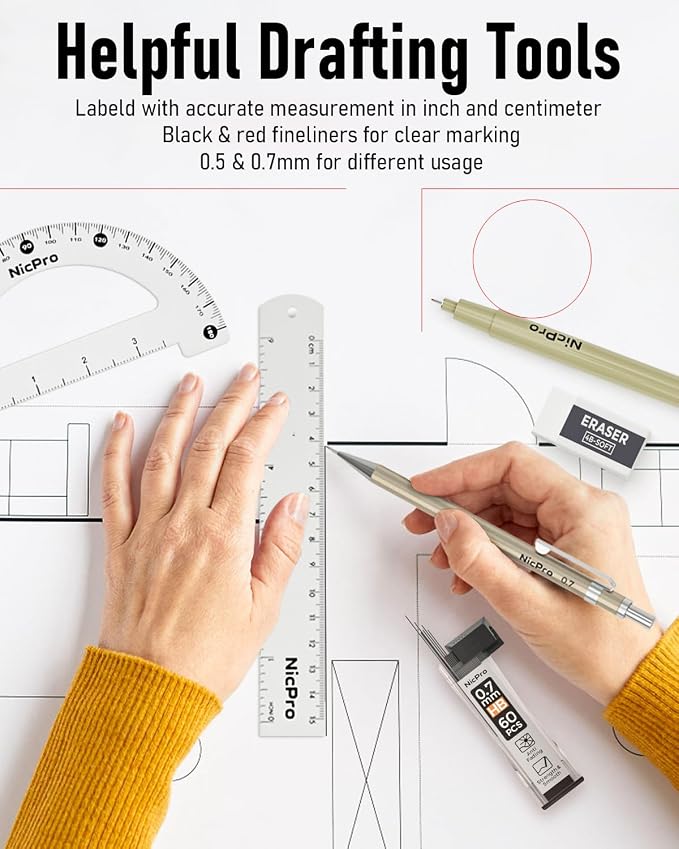 Nicpro 20PCS Professional Geometry Set Drafting Tool Protractor Compass | With Case, Metal Rulers, Triangles, Pens, Pencils, Drawing Supplies, Drafting Kit for Architecture and Engineering Students