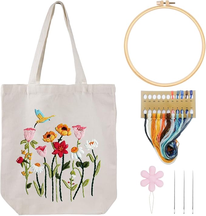 Louise Maelys Canvas Tote Bag Embroidery Kit, Hummingbird Floral Pattern