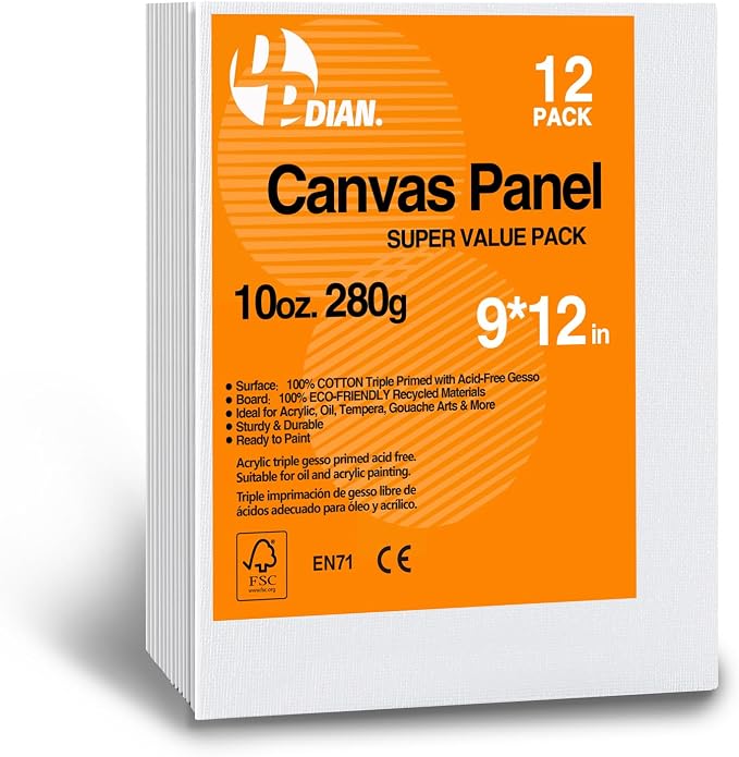 Canvas Boards for Painting 9x12 Inch, 12-Pack Bulk Canvas Value Pack - Art Supplies Blank Paint Canvas Panels for Acrylic, Oil, Watercolor, Tempera, Gouache