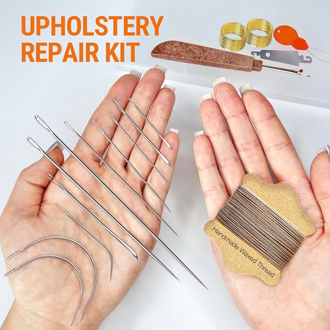 VONEEDL Upholstery Repair Kit: Waxed Sewing Thread (Khaki Color) & Heavy Duty Needles (11 PCS) for Leather, Canvas & Quilting Thread