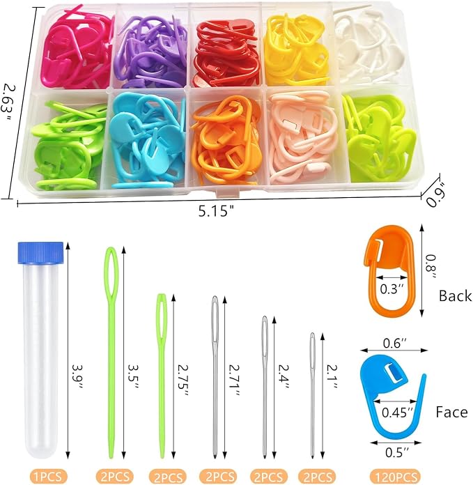 120 Pieces Knitting Crochet Locking Stitch Markers 10 Color,10 Pcs Large Eye Blunt Sewing Needles for Knitting Sewing Stitching Weaving with Storage Case