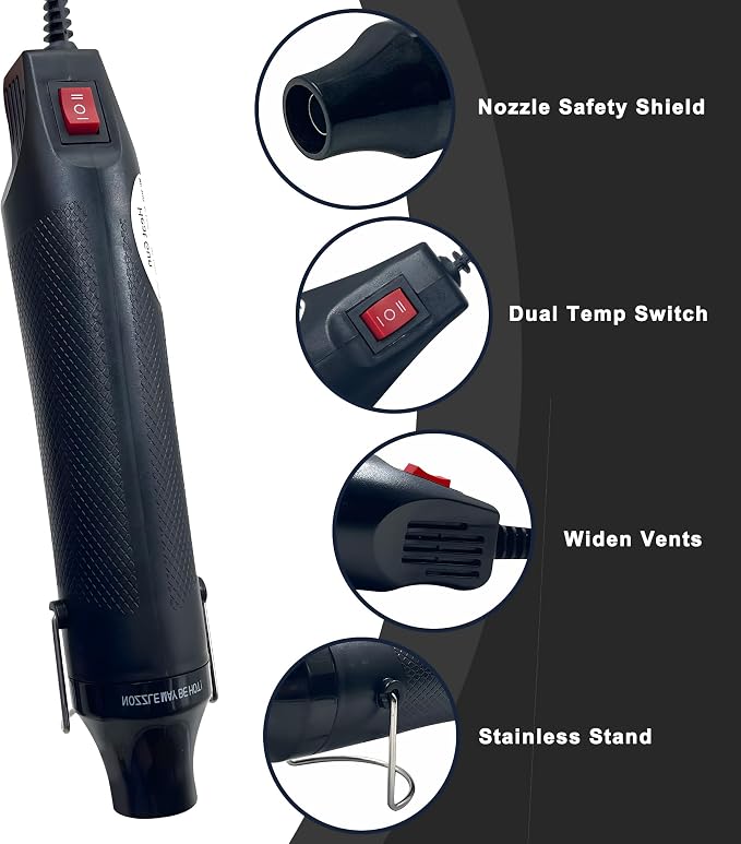 Mini Heat Gun for Crafting, 300W 2-Temp Settings Fast Heat Hot Air Gun Tool for Crafting, Heat Gun for Craft Dryer, 6.56Ft Long Cable Overload Protection for Drying Paint, Shrink Tubing - Black