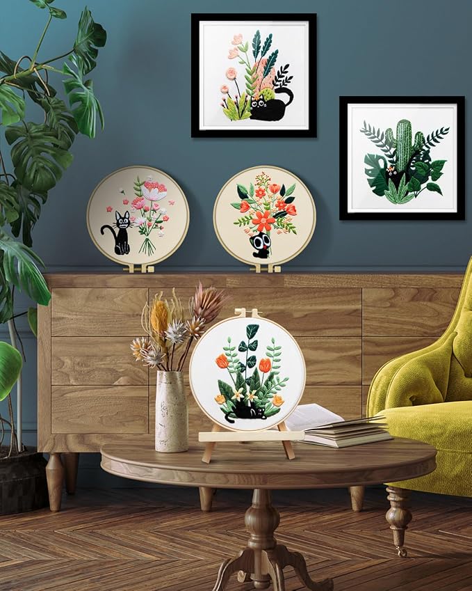 TINDTOP Embroidery Kit for Adults, Embroidery Kit for Beginners Include Embroidery Cloth Hoops Threads for Craft Lover Hand Stitch with Embroidery Skill Techniques (Black Cat) | with Stamped Patterns, Hoop, Tools, Colorful Threads with Needles, Instruc...