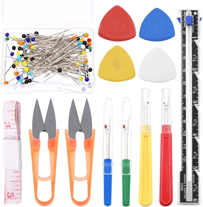 Swpeet 518Pcs Sewing Tools Kit, 10Pcs Professional Tailor's Chalk, 1Pcs Sliding Gauge and 4Pcs Seam Ripper with 500Pcs Quilting Sewing Pins and 2Pcs Snip Scissor Assortment Kit, Thread Remover