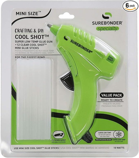 Surebonder 10W Ultra Low Temp Cool Shot Mini Glue Gun Kit with 12 Glue Sticks,Bonds Delicate Materials Like Paper,Fabric,Foam,Balloons - Clear,(Pack of 6)