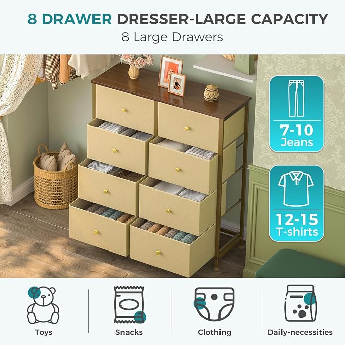 OLIXIS 8 Drawer Storage Dresser for Bedroom, Closet Organizers Units, Khaki