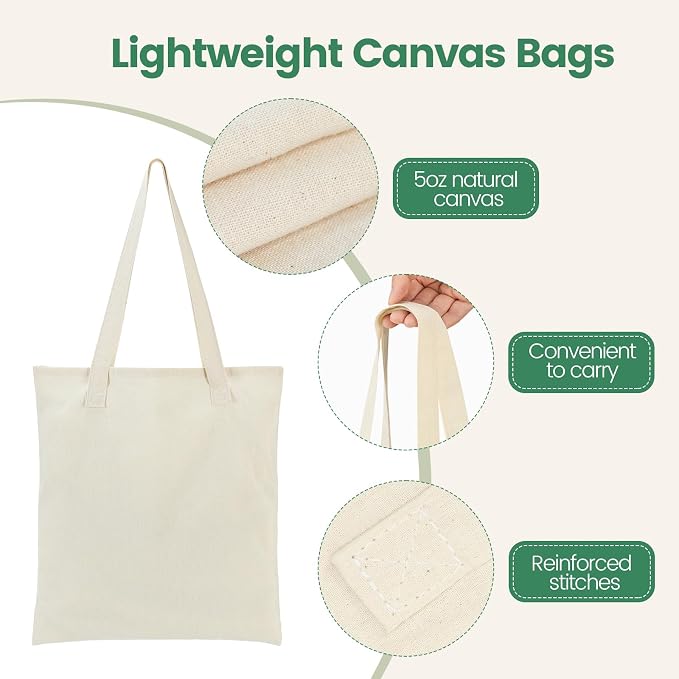 Carbrea 24 Pack Thin Canvas Tote Bags Bulk, Reusable Grocery Bags - Beige | Lightweight, 5oz Natural Canvas, Reinforced Stitches, Blank Design, Ideal for Shopping DIY Sublimation Activity Gift