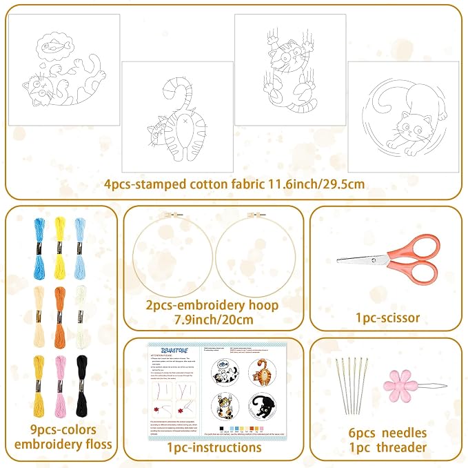 BEUNITONE 4PCS Fun and Funny Cat Embroidery Kit for Beginners, Cute Pre-Print Cat Pattern Hand Embroidery Kits with Hoop and Instruction, DIY Needlepoint Craft Kit for Gifts and Home Decor