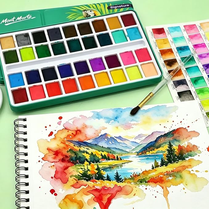 Mont Marte Watercolor Set Full Pan Signature in Tin, Vibrant 36 Colors, Multi-Color with Translucent Finish, Portable Watercolor Set