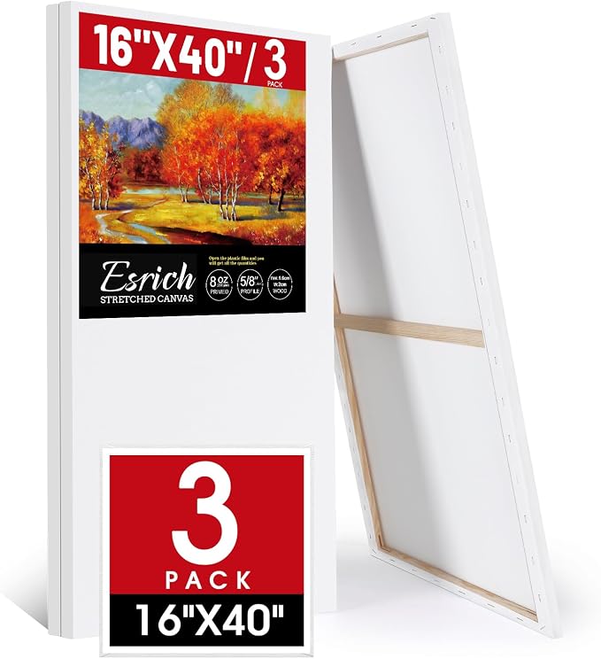 ESRICH Stretched Canvas for Painting 16x40 Inch, 3Pack Large Canvas for Painting, Triple Primed Acid-Free Cotton Blank Canvases for Oil, Acrylic, Watercolor & Gouache for Paint Parties, Art Classes