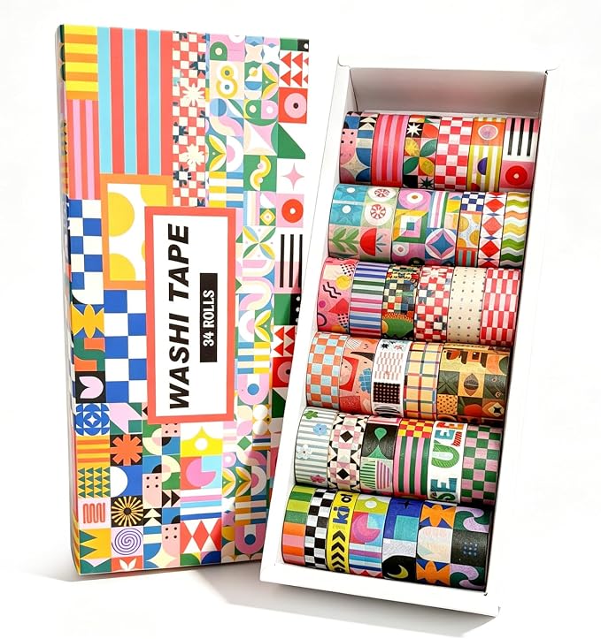 Bomichi Washi Tape Set - 34 Rolls Modern Geometric Pattern Scrapbook Tape