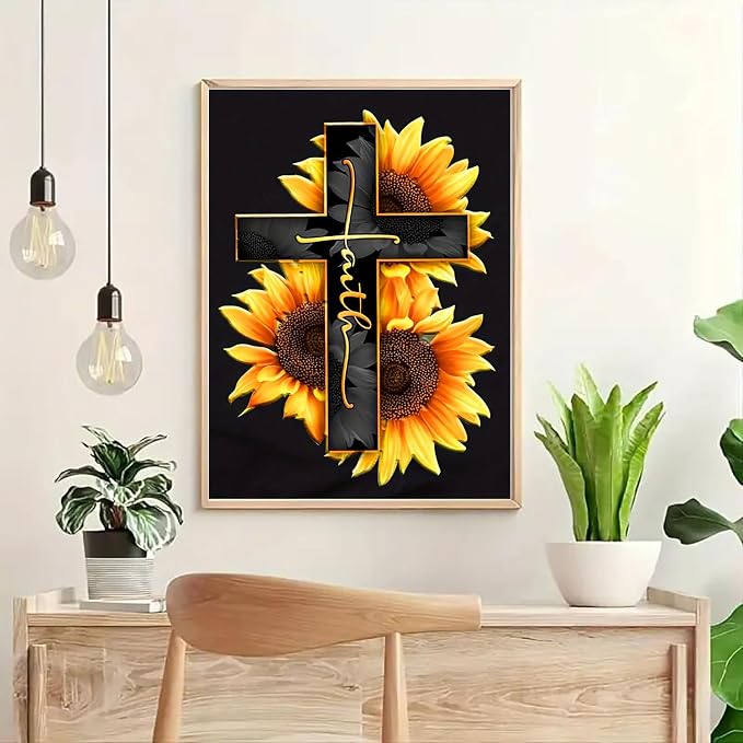5D Diamond Painting Kit for Adults Beginners,Cross Sunflower Diamond Art | DIY Paint by Diamonds,suitability Friends Full Round Drill Diamonds Dots Gem Art,Home Wall Decor 11.8x15.8 Inch