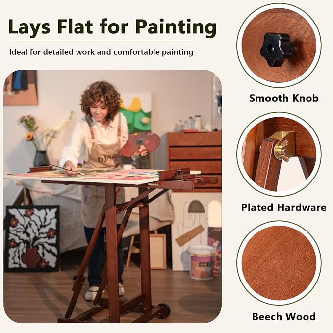 DJAR Large H-Frame Painting Easel for Adults, Solid Beech Wood, Walnut | Movable & Tilting Flat Floor Stand, Holds Canvases up to 78", Adjustable Heavy Duty Studio Art Easel for Artists