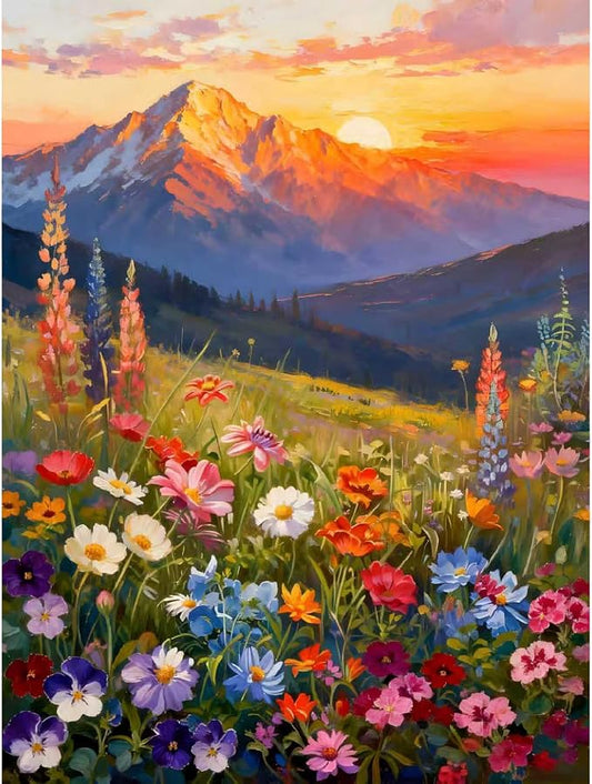 Clendo Landscape Paint by Numbers Kit for Adults Beginner, Flower Mountain Adult Paint by Number Kits on Canvas, Sunset Oil Painting Kit for Beginners Gift Home Wall Decor 16x20 Inch