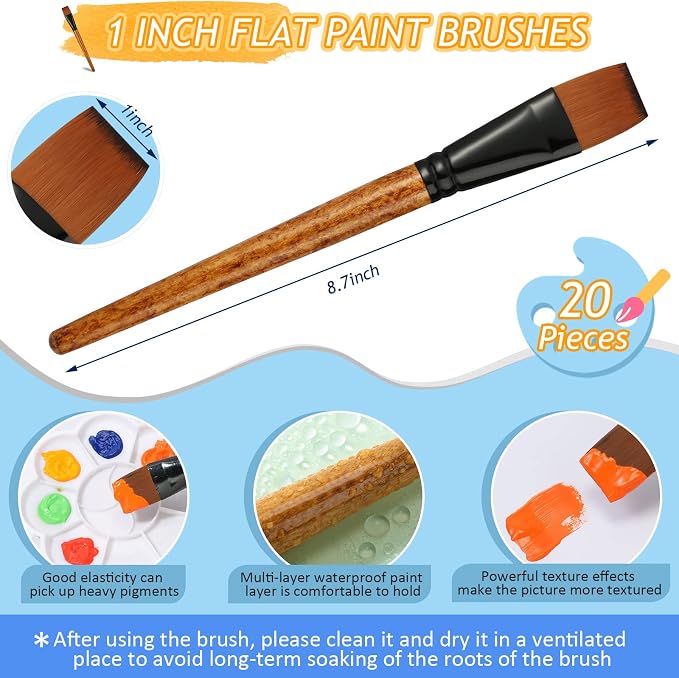 Meanplan 6 Pcs Flat Paint Brushes Bulk 1 Inch Paint Brushes for Acrylic Painting Watercolor Acrylic Synthetic Nylon Craft Artist Brush for Oil Fine Crafts Face Body Art Painting(20 Pcs)