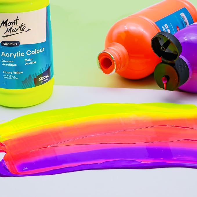 Mont Marte Signature Fluoro Yellow Acrylic Paint, 16.9oz (500ml), Semi-Matte Finish, 12 Colors, Suitable for Canvas, Wood, Fabric, Leather, Cardboard, Paper, MDF and Crafts