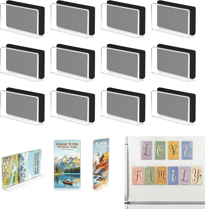 12 Pack Clear Acrylic DIY Fridge Magnets Set, 2"x3.5" Rectangle Magnetic Withe Adhesive Backing fro Crafts Kitchen Office and Classroom Decoration Magnet Making kit