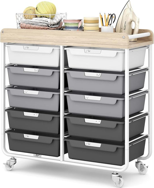 10 Drawer Rolling Storage Cart with Wood Top for Classroom Crafts Grey | Easy Setup, Large Capacity, Sturdy Build, Lockable Mobility, For office, classroom and home supplies