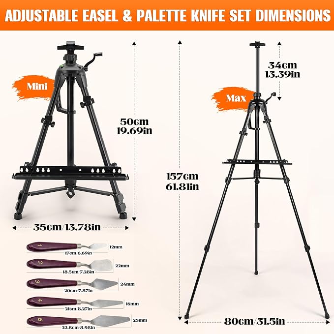 Adjustable Artist Easel - 19.69" to 61.8", Portable Folding Tabletop or Floor Easel with Brush Tray, Carry Bag, 4 Clips, 5 Palette Knives for Painting, Display, and Art Exhibitions (Black)