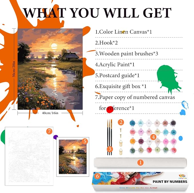 Sunset Paint by Numbers Kit for Adults Beginner 16x20 Inch, Countryside | With Rolled Canvas, DIY Acrylic Painting by Numbers Riverside Cabin Landscape, Stress Relief Craft Kits, For Home Decor Gift