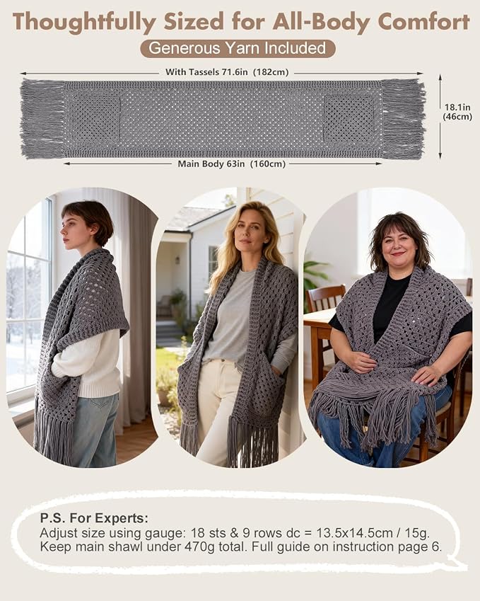 Arborthread Crochet Kit for Beginners, Easy All-Season Pocket Shawl & Scarf Crochet Kit for Adults w/Ample Premium Yarn to Fit Different Sizes, Step-by-Step Video & Instructions, Grey