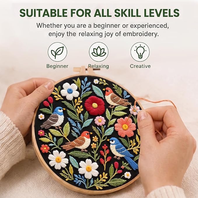 Bird Embroidery Kit for Beginners, Floral Hand Embroidery Starter Kit with 6 Inch Hoops, Pre-Printed Patterns Cloth, Needles, Threads & Accessories, DIY Embroidery Starter Kit for Women Craft Lovers