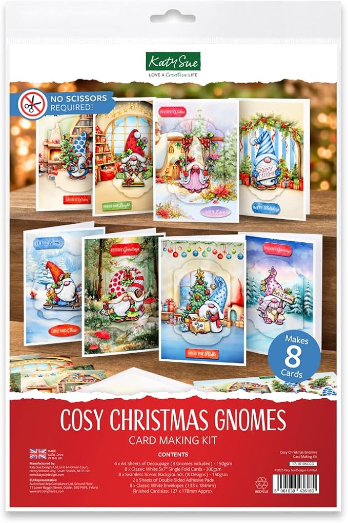 Katy Sue Cosy Christmas Gnomes Card Making Kit, Makes 8 Handmade Holiday Cards, Die Cut Toppers, Backgrounds & Foam Pads Included