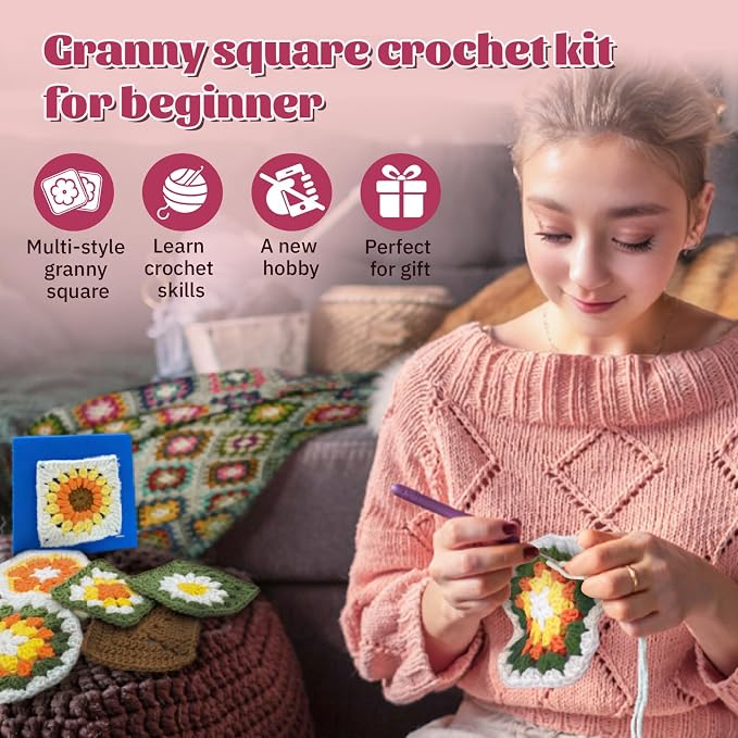 SGIBYN Granny Squares Crochet Kit for Advanced Beginners with Video