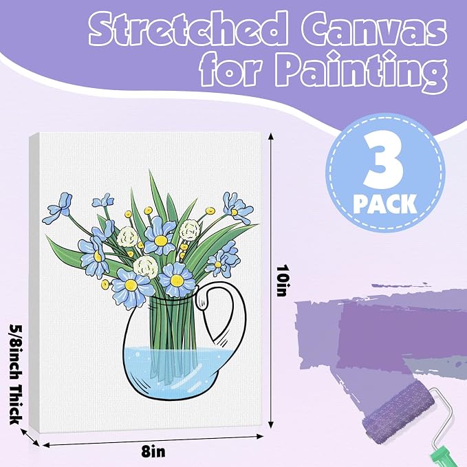 ESRICH Stretched Canvas for Painting, 3 Pack 8x10 Canvas Value Pack, Primed Acid-Free Cotton Blank Canvas, Paint Canvases for Oil & Acrylic Paint.