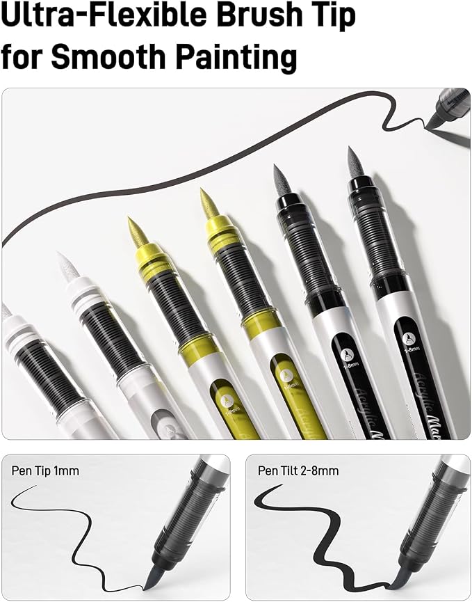 JusArt 3 Black Acrylic Paint Markers Brush Tip, Automatic Ink Control