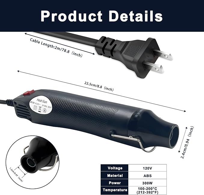 Mini Heat Gun for Crafting, 300W 2-Temp Settings Fast Heat Hot Air Gun Tool for Crafting, Heat Gun for Craft Dryer, 6.56Ft Long Cable Overload Protection for Drying Paint, Shrink Tubing - Black
