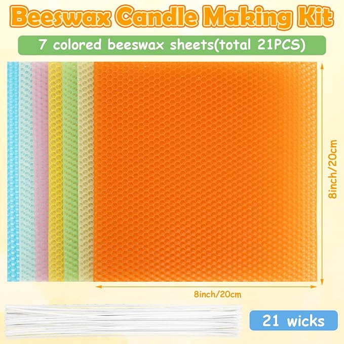 GBACHOOSE 8x8 Inch Beeswax Sheets for Candle Making, 21PCS Beeswax Candle Sheet, 7 Colorful Wax Candle Color Sheets Create Your Own Unique Candles