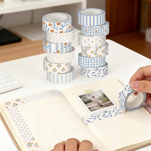 12 Rolls Floral Washi Tape Set,Beige and Blue,Floral Plaid | Watercolor Flowers Design for Scrapbook Journal DIY Craft School Supplies, 15 mm Vintage Decorative Masking Washi Tapes