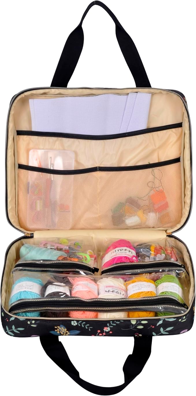 Portable Square Cross Stitch Starter Kits Bag Embroidery Project Bag Embroidery Tool Storage Tote Bag with Multifunctional Pockets, Bag Only (Black Leaves)