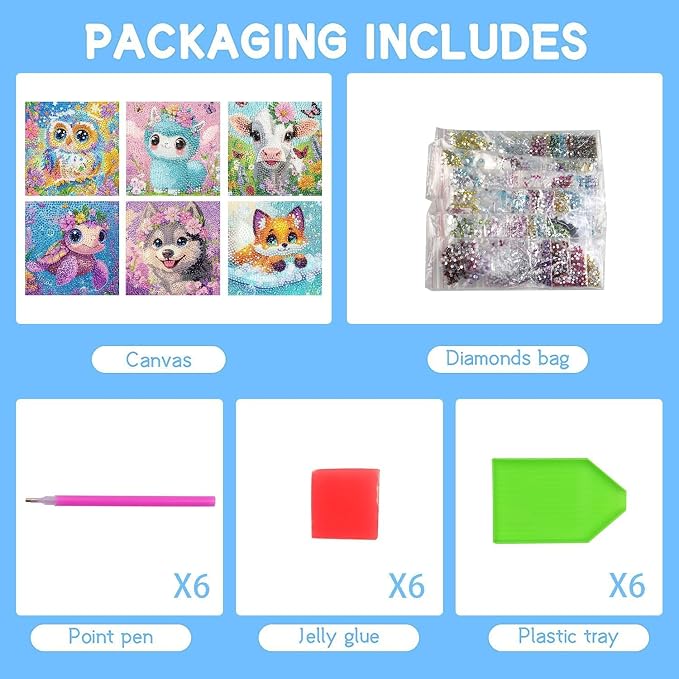 VividMeng 6 Pack Diamond Painting Kits for Kids Beginners, Cute Animals Diamond Art for Kids Ages 6-8-9-10-12 Girls Boys, Full Round Drill DIY Big Gem Art for Home Wall Decor and Gift 6x6inch