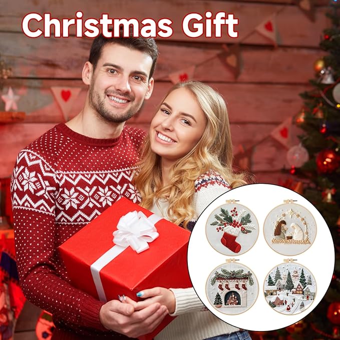 TPZBWG Christmas Embroidery Kit, 4 Pack Cross Stitch Kits,DIY Embroidery Starter Kit for Adults & Beginners, DIY Needlepoint Kit with Embroidery Hoop Thread Needle for Craft Lover Birthday Gifts 1