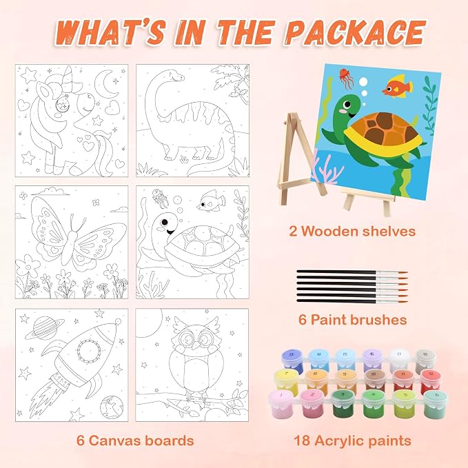 goldentime 6 Pack 8x8inch Paint by Numbers Kit for Kids, Predrawn Canvas for Painting with Unicorn, Butterfly & More, Includes 18 Acrylic Paints, 6 Brushes & Easels, Easy Art Supplies for Kids 4-8-12