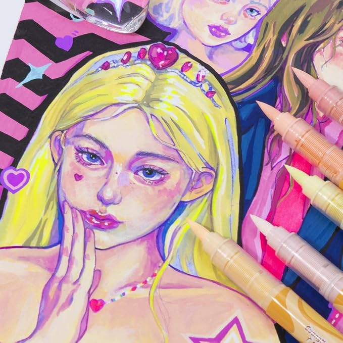Guangna Skin Tone Acrylic Paint Art Markers, 24 Colors Brush Tip Skin Tone Markers Set, Perfect for Paper Wood Rock Glass Plastic Metal Canvas Comics Anime Coloring