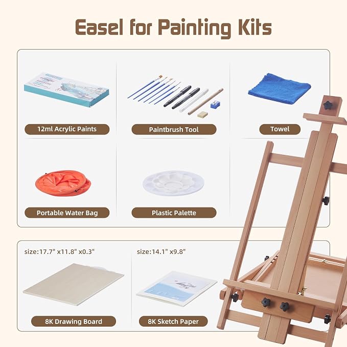 Beech Wood H-Frame Easel for Painting with Tray & Drawer, Natural