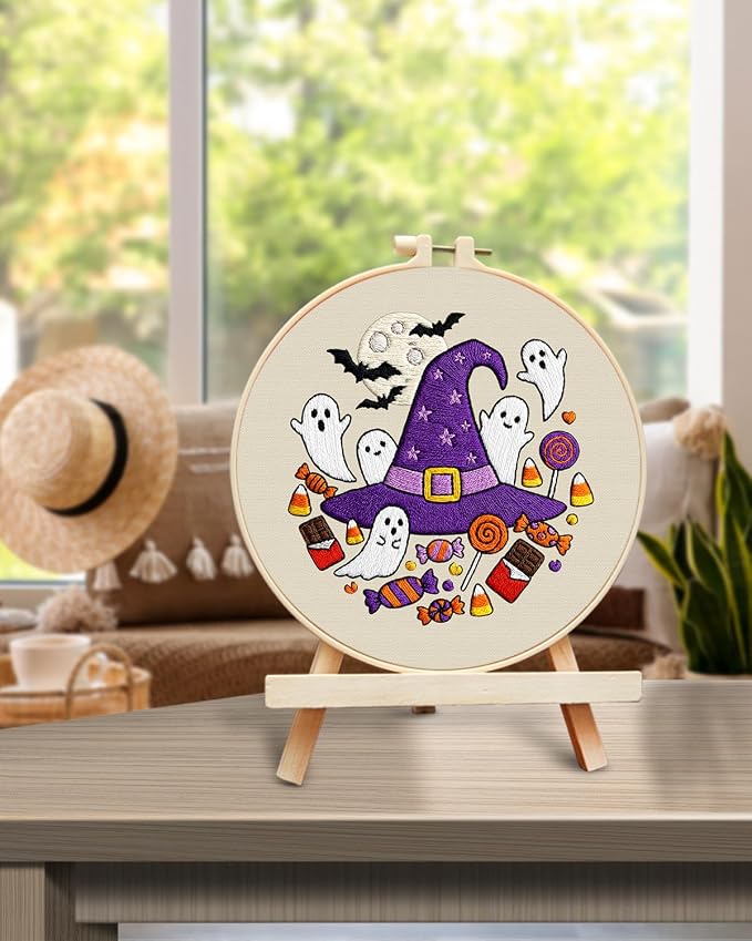 TINDTOP Halloween Embroidery Kit for Adult, Embroidery DIY Starter Kit, with Stamped Patterns, Hoop, Tools, Colorful Threads with Needles, Instructions (Halloween C)